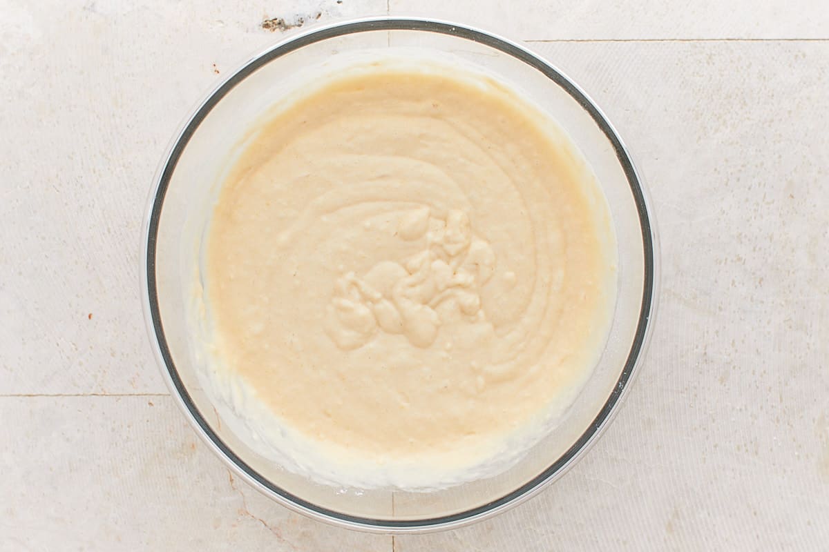 Whisked pancakes batter in a bowl