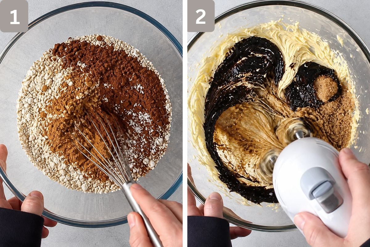 flour, baking powder, salt, ginger, cinnamon, allspice, cloves, and nutmeg mixed and butter, brown sugar, molasses, egg and vanilla mixed in a separate bowl