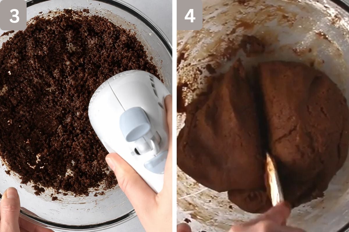 Dry ingredients added to wet ingredients and kneaded, then split in half