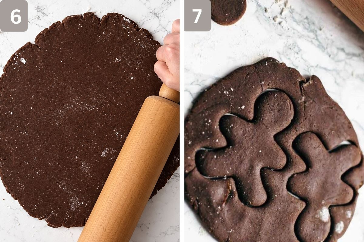 Dough rolled out and gingerbread man cookie cutter used to cut the shapes