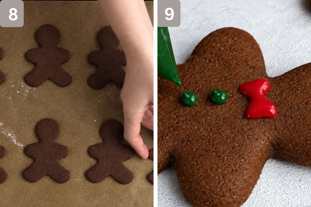 gingerbread men on a baking tray and decorated once cooled