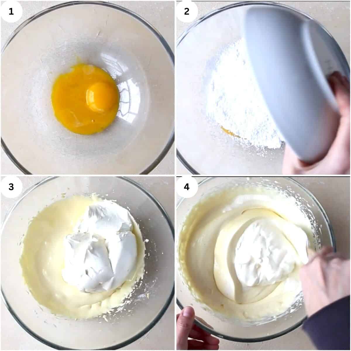 collage of combining egg yolks, mascarpone, eggnog, and whipped cream