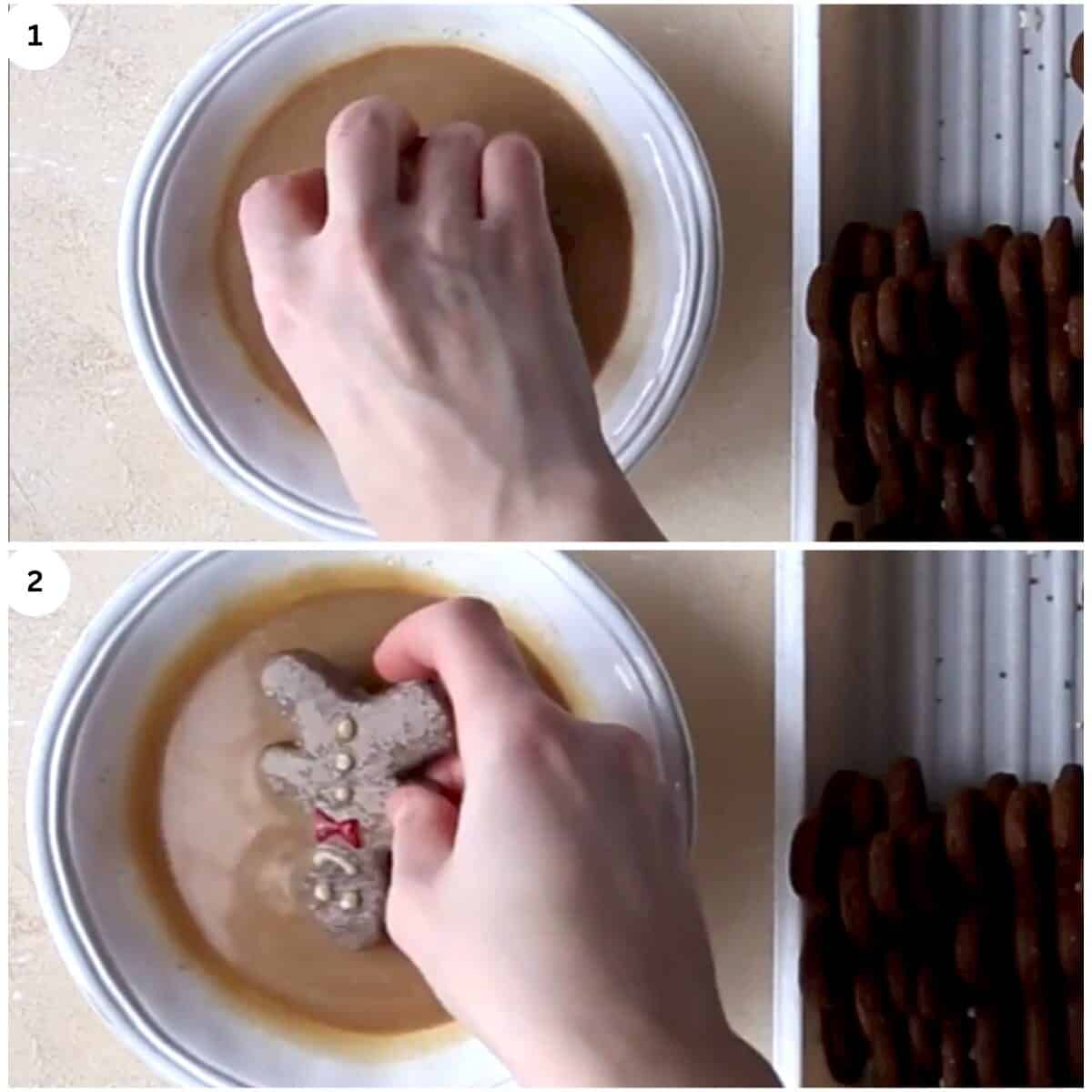 dipping gingerbread men cookies in the eggnog mixture