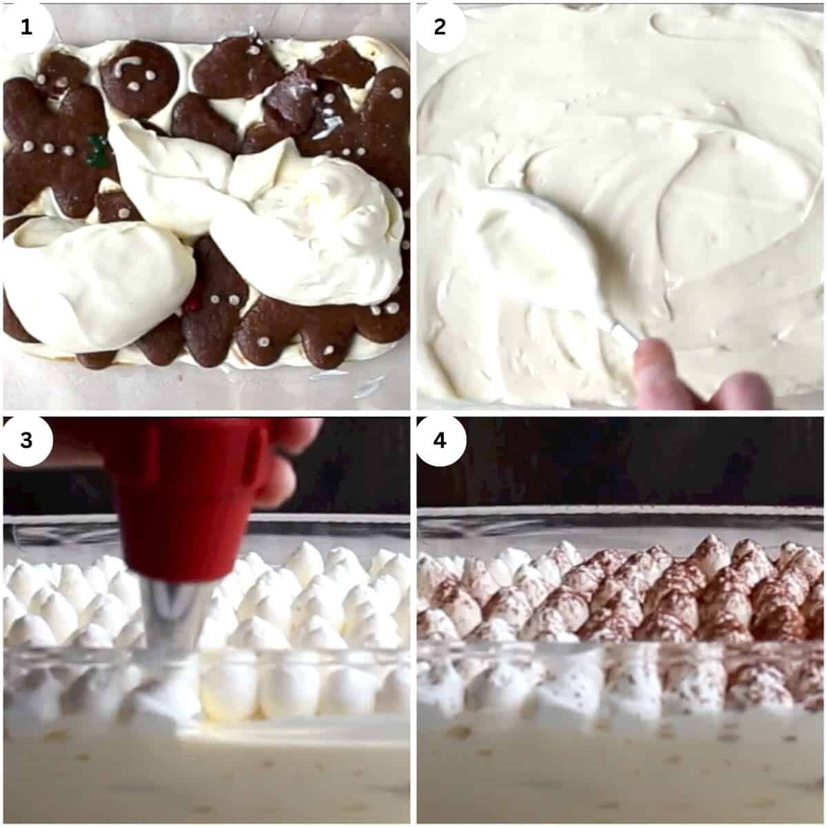 collage of steps in decorating eggnog gingerbread tiramisu