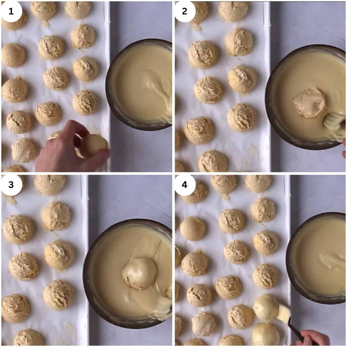 collage of dipping truffles in the melted chocolate