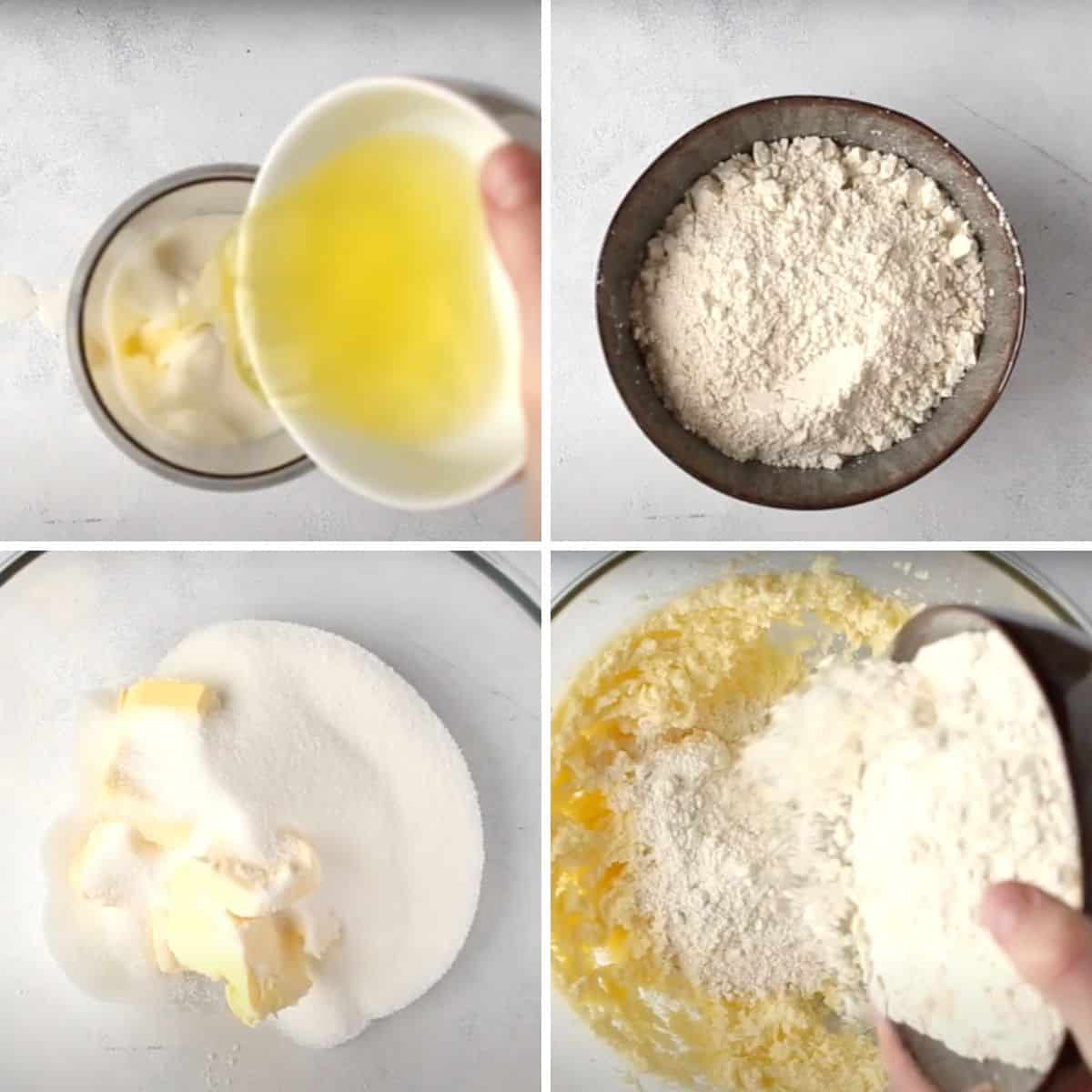 A collage of the steps for mixing the batter for a galaxy cake.
