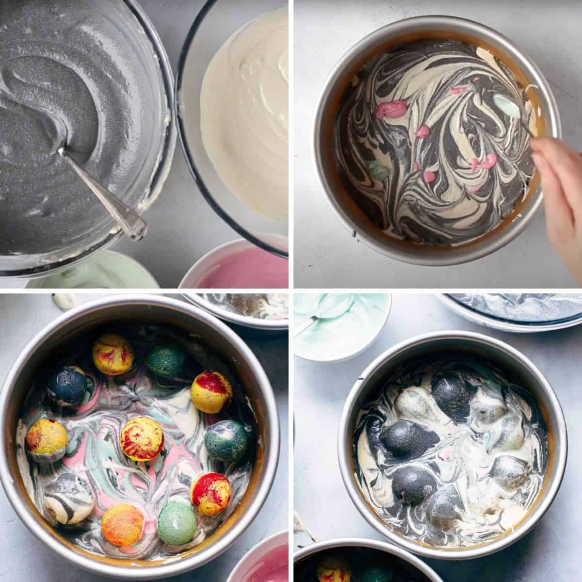 A collage showing making the batter different colors and adding everything to the pan.