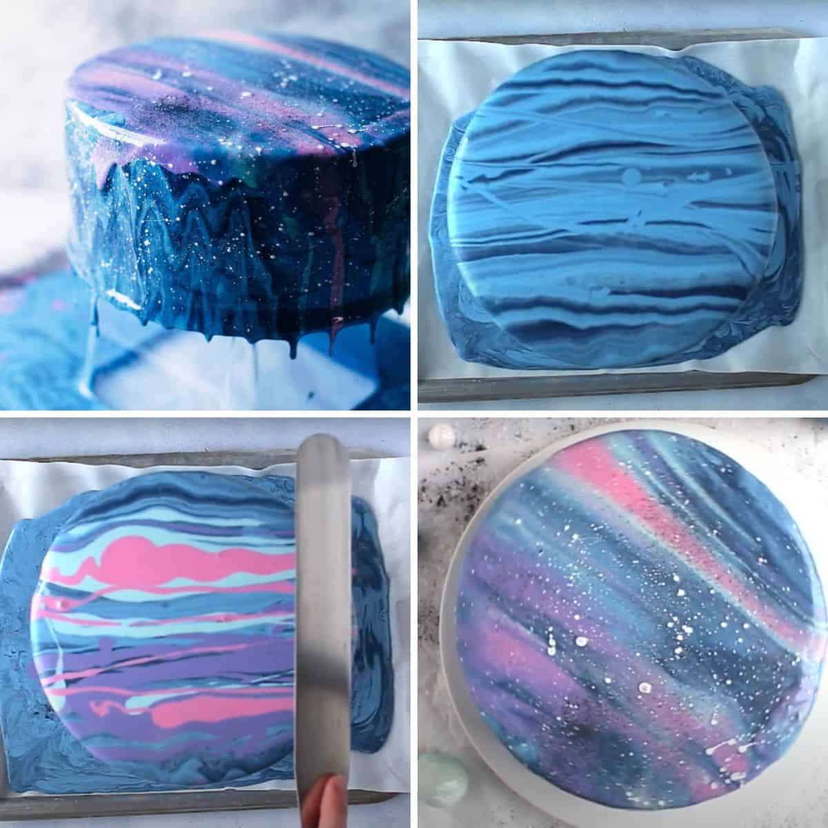A collage showing adding the mirror glaze to the cake.