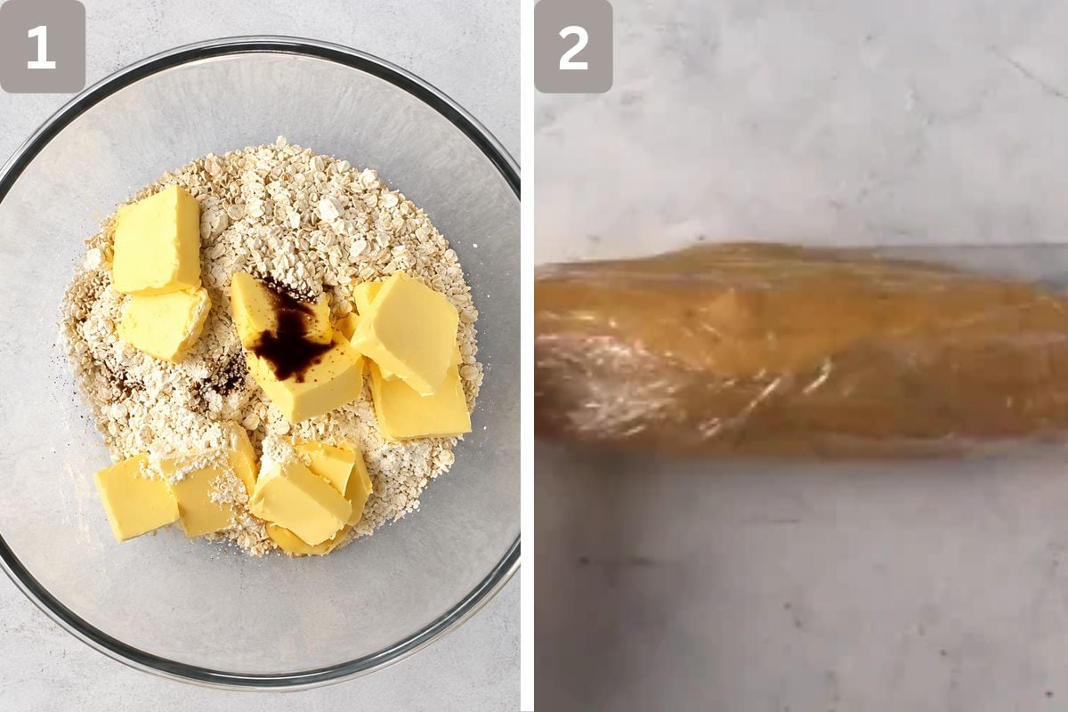 egg yolks, ground walnuts, sugar, flour, butter, and 2 vanilla beans combined, mixed and rolled into a log shape