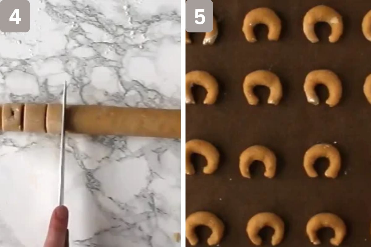 Log shape dough cut into equal pieces, rolled and shaped into crescents, and placed on baking tray