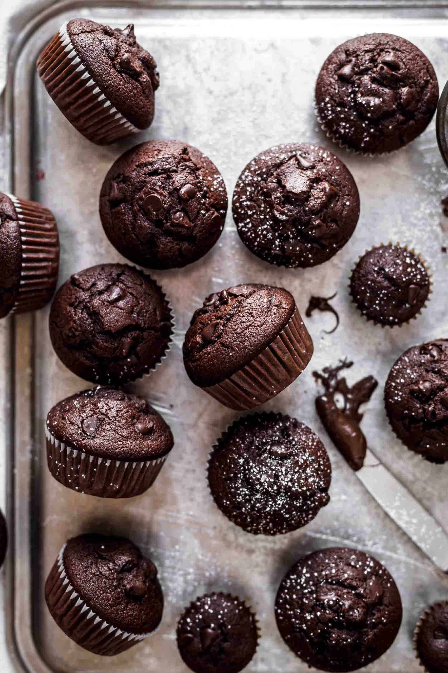 Overhead shot of baked Double Chocolate Muffins