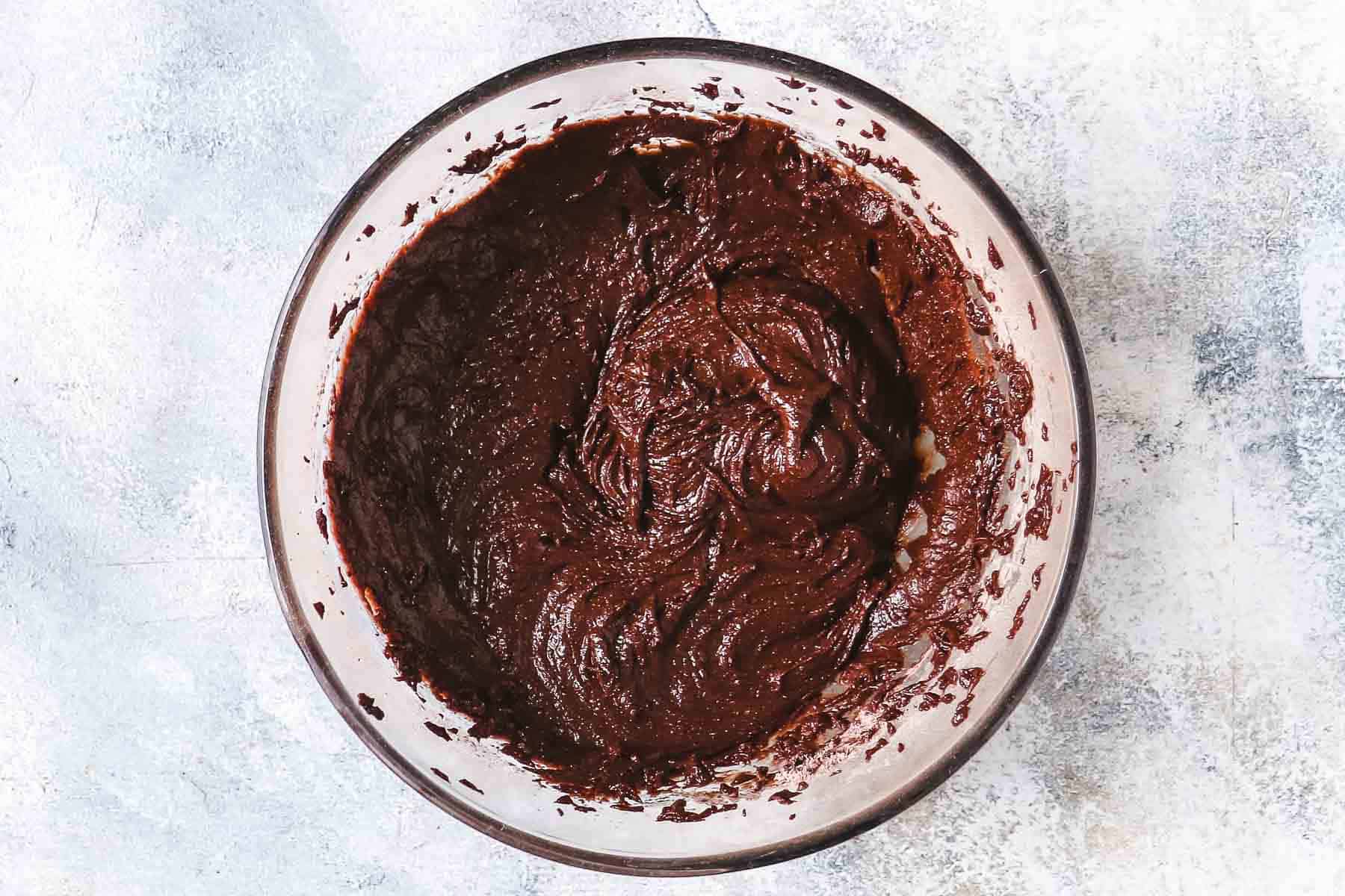 Chocolate cake batter in a bowl