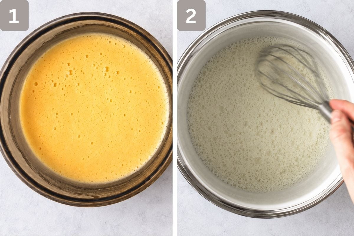 egg yolks, cornstarch, and ⅜ cup milk combined and milk and sugar in a separate bowl boiling