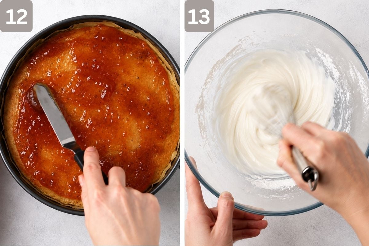 Jam spread over the top and powdered sugar, water, and corn syrup heated to form the glaze