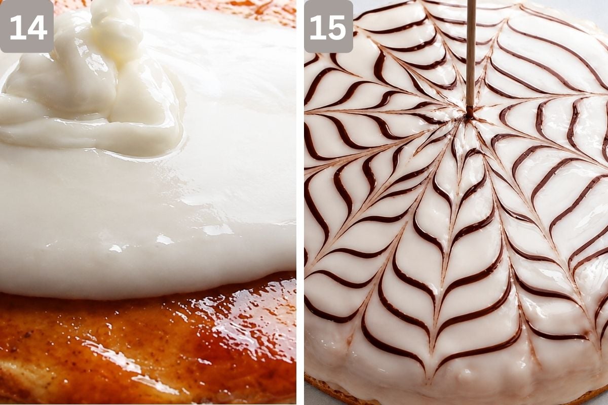 Glaze poured over the cake and a toothpick being used to do final decorations