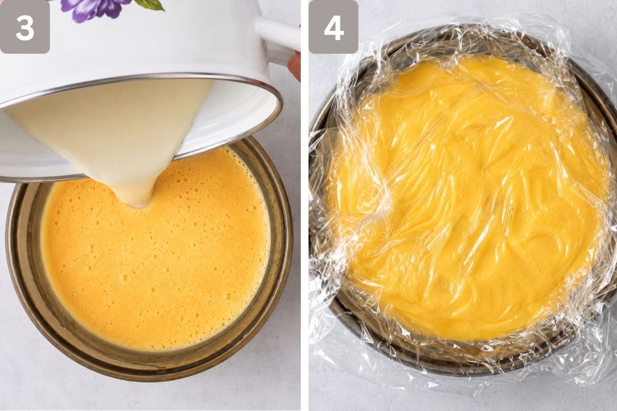 hot milk added to egg mixture and cooked, and placed in a bowl with plastic wrap