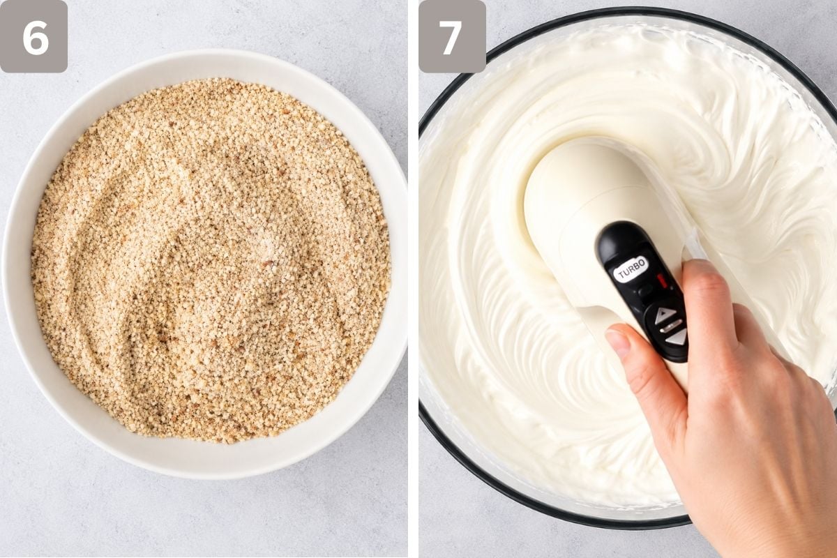 ground hazelnuts, ground almonds, and flour combined and in a separate bowl, egg whites, salt and sugar beaten