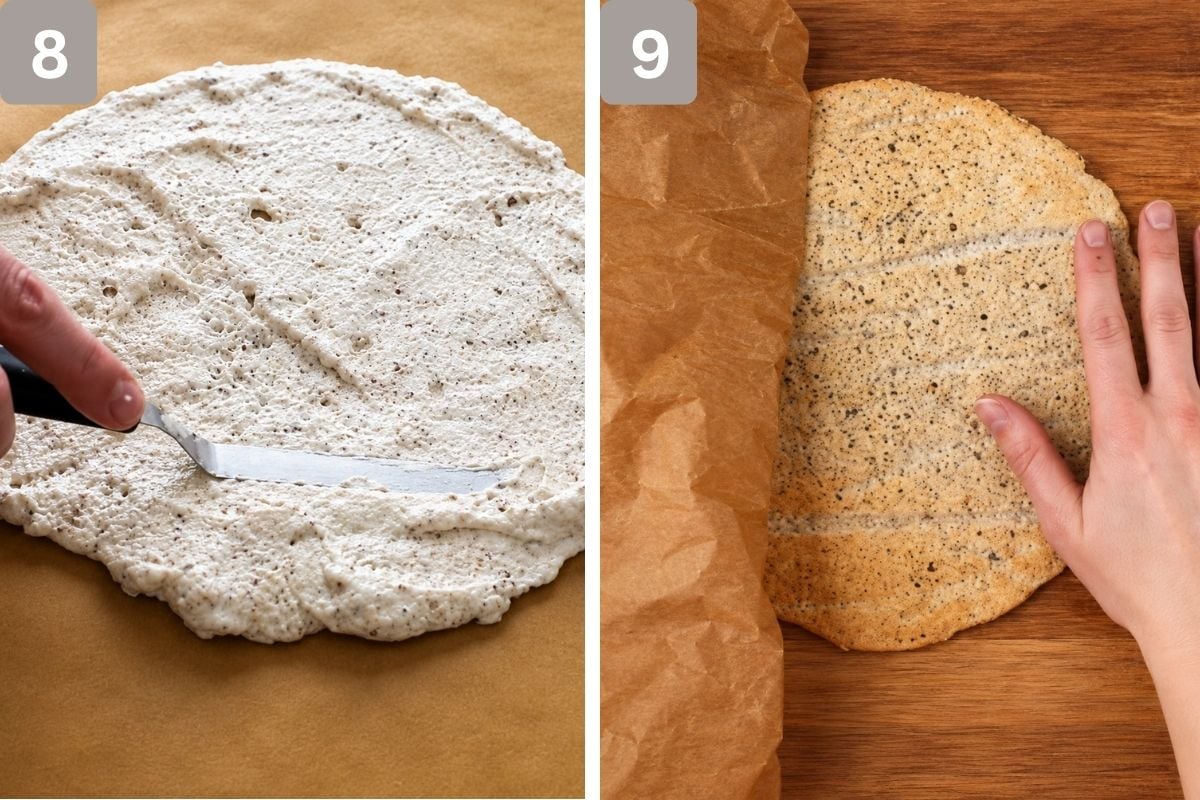 Meringue placed in circles and baked, and brown paper removed once baked