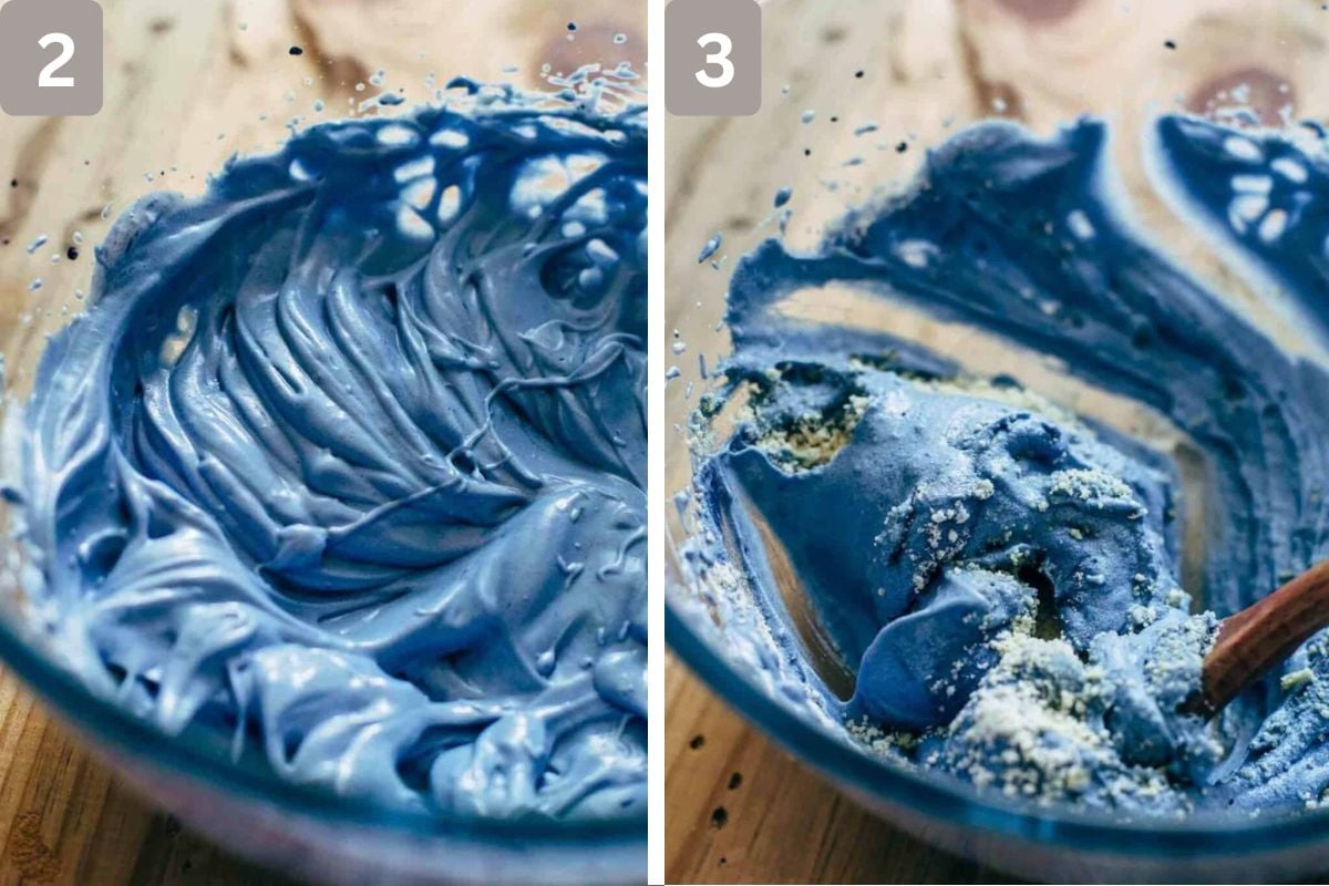 egg mixture colored with food coloring and almond flour and cake flour added after