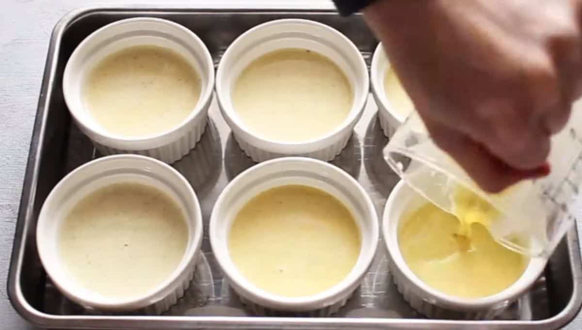 six 1-cup-sized ramekins with creme brulee mixture