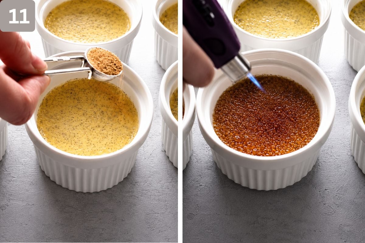 brown sugar sprinkled on top of each ramekin and caramelized using a blowtorch
