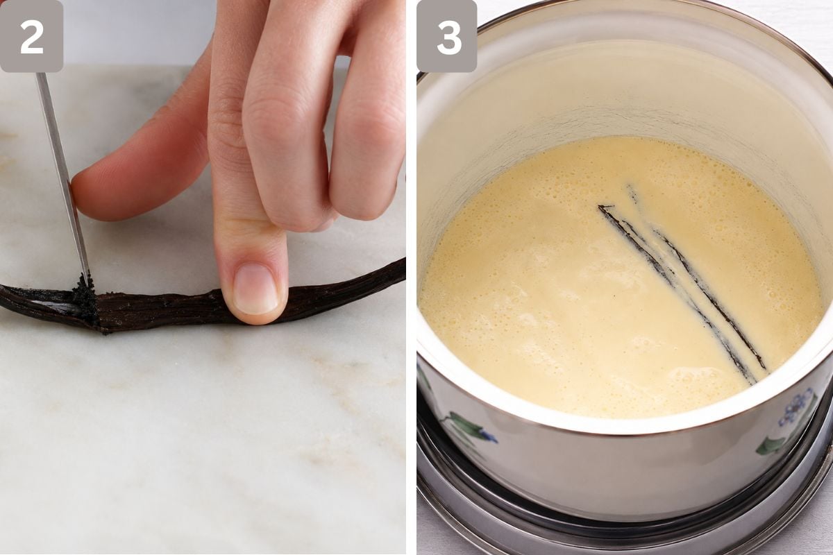 Vanilla bean being scraped and seeds removed, as well as cream and vanilla beans heated, not boiled!