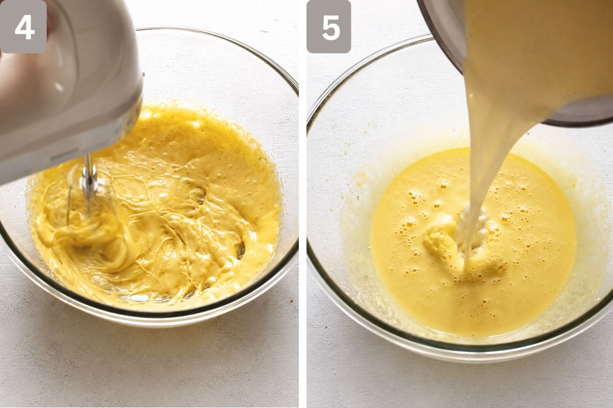 egg yolks, sugar, and vanilla seeds whisked and cream and egg mixture combined
