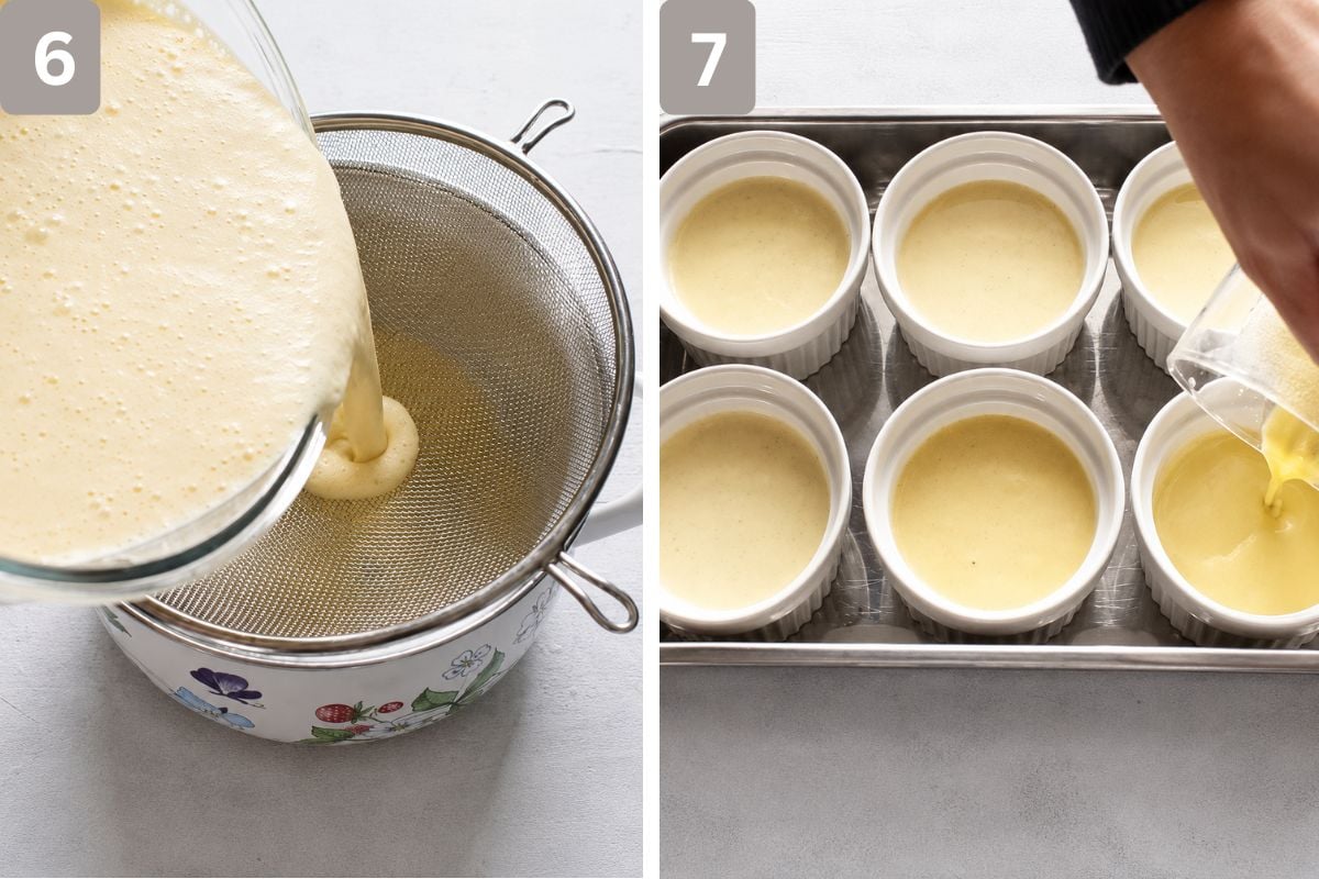 custard mixture poured through strainer and divided equally between 6 ramekins