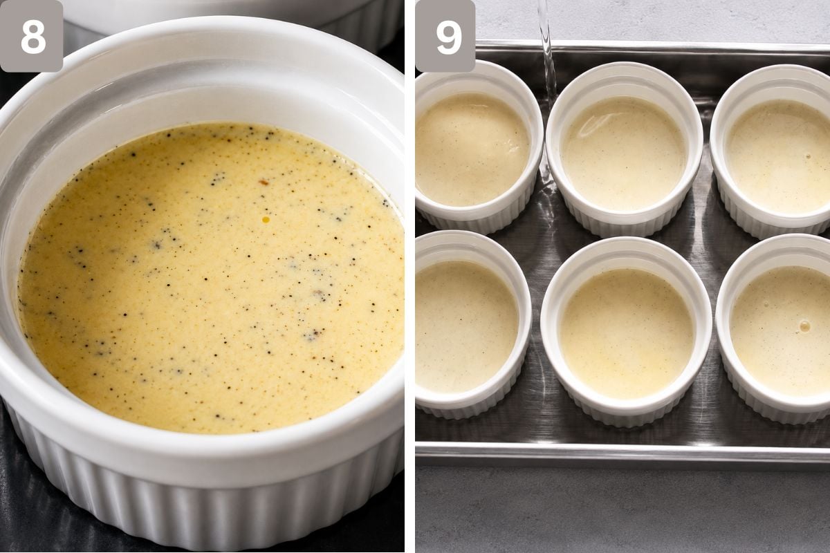 ramekins placed in baking tray and hot water added to the tray