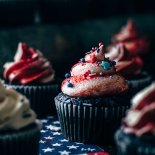 Close up of a festive red, white, and blue cupcake