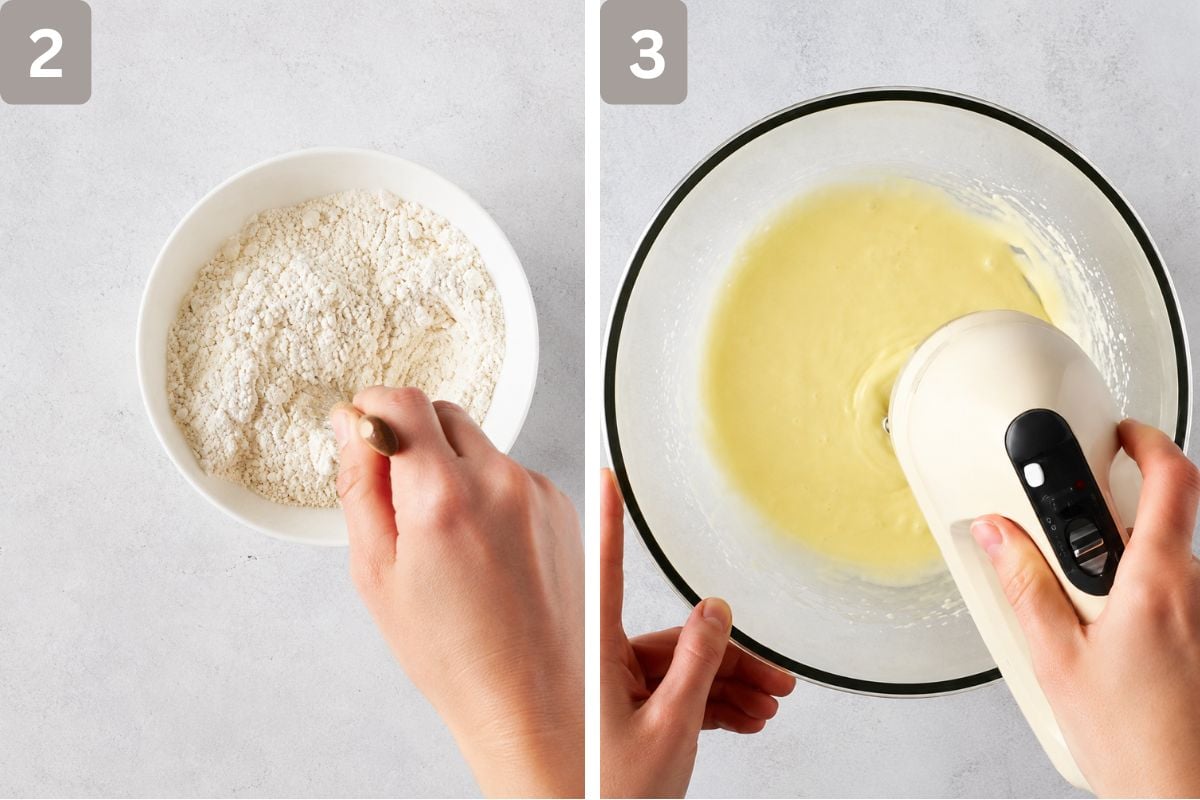 flour, baking powder, and salt mixed, and egg and sugar mixed in a separate bowl
