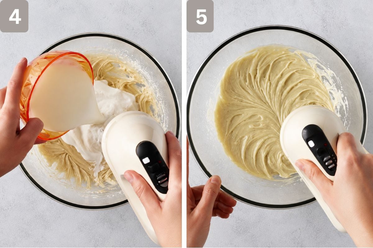 vegetable oil, melted white chocolate, and vanilla bean seeds added to egg mixture and dry ingredients added alternately