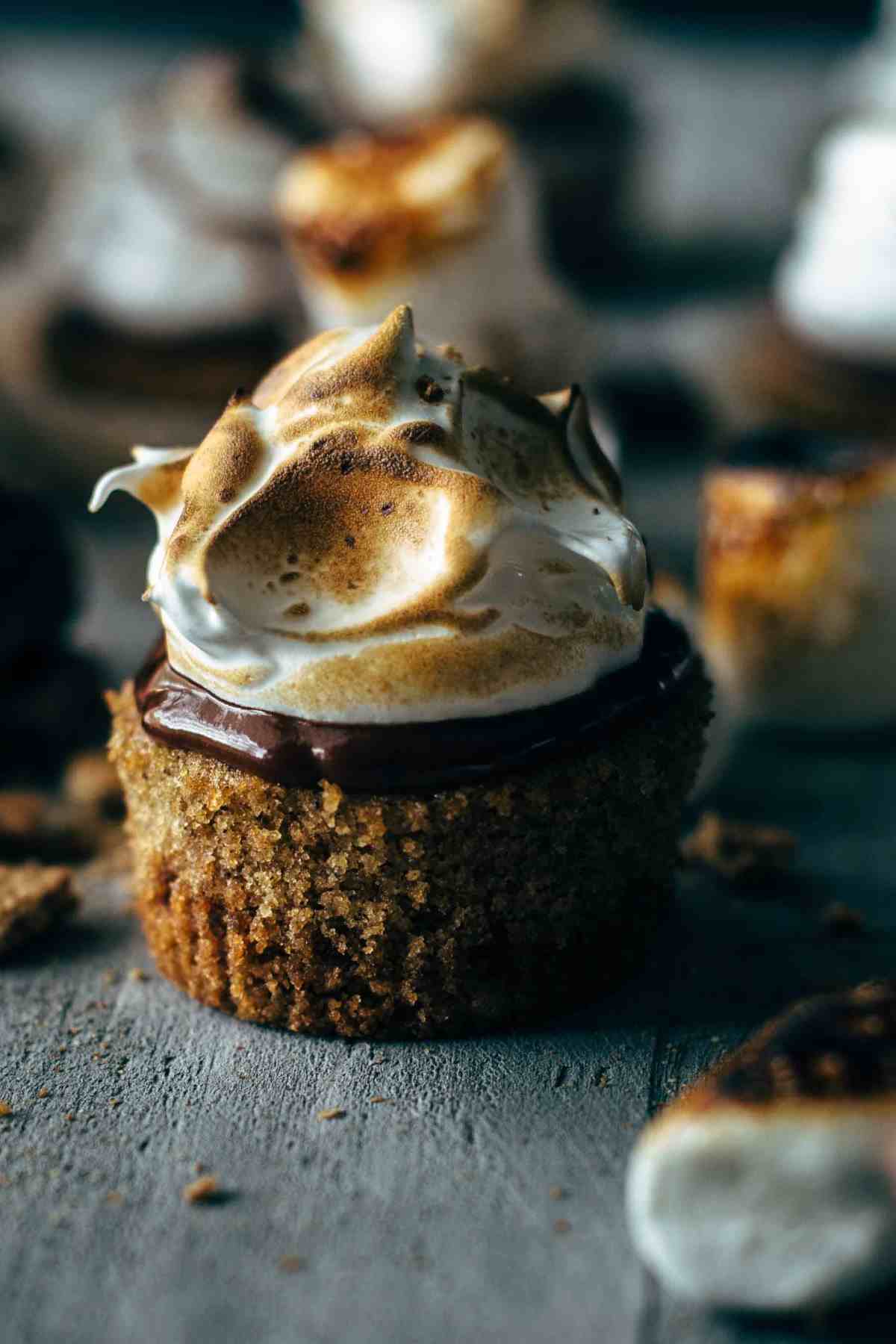 Close up of a toasted s'mores cupcake