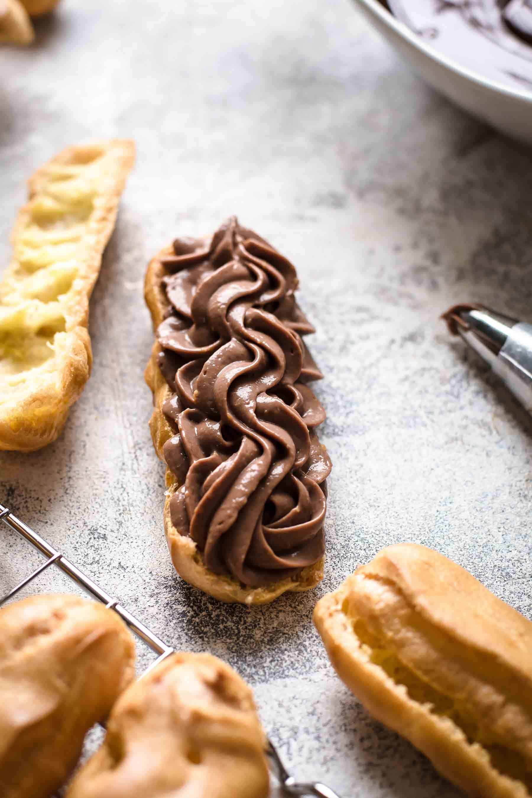 filling eclairs with chocolate filling