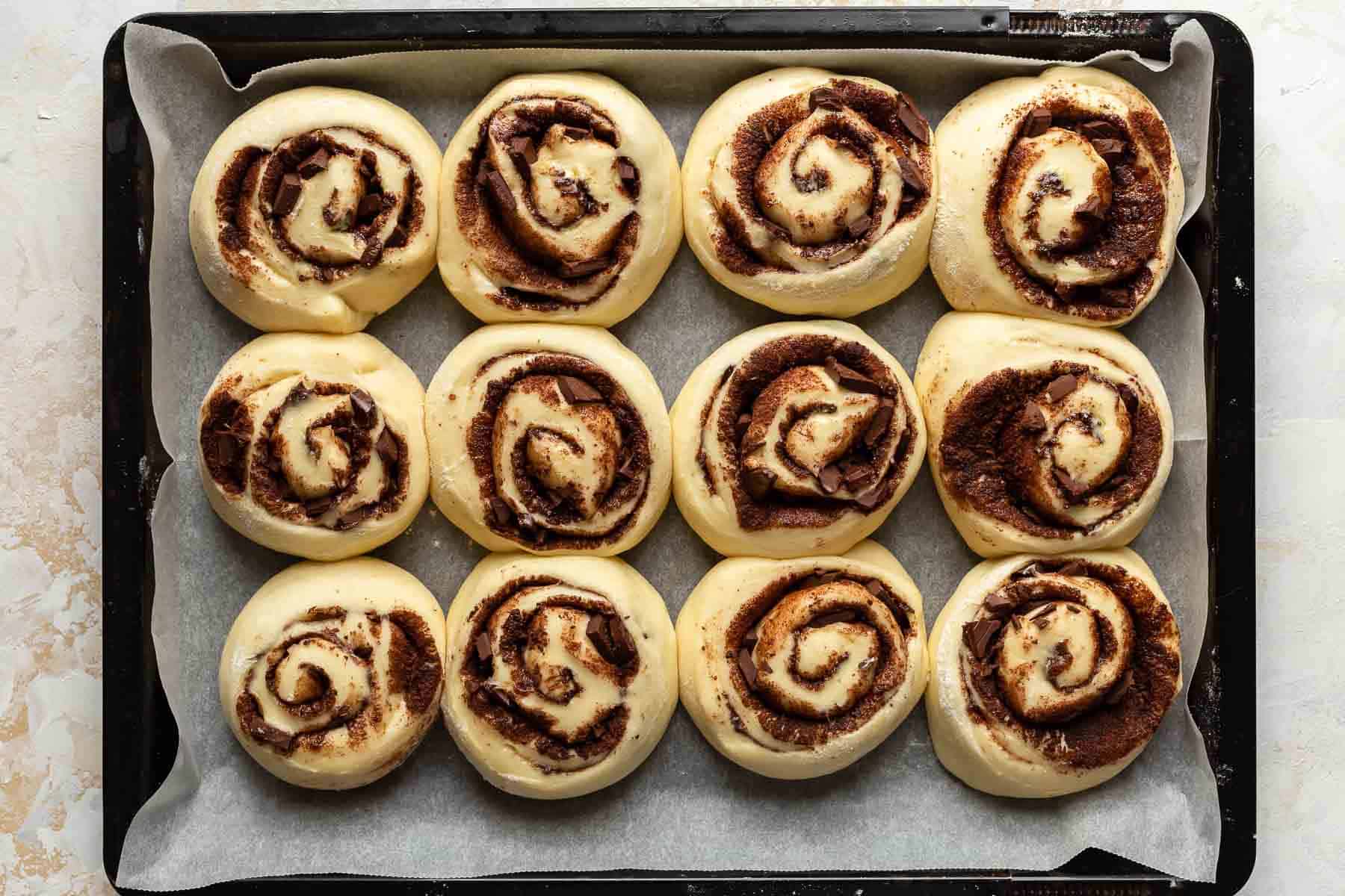 risen chocolate rolls on a baking pan ready to be baked
