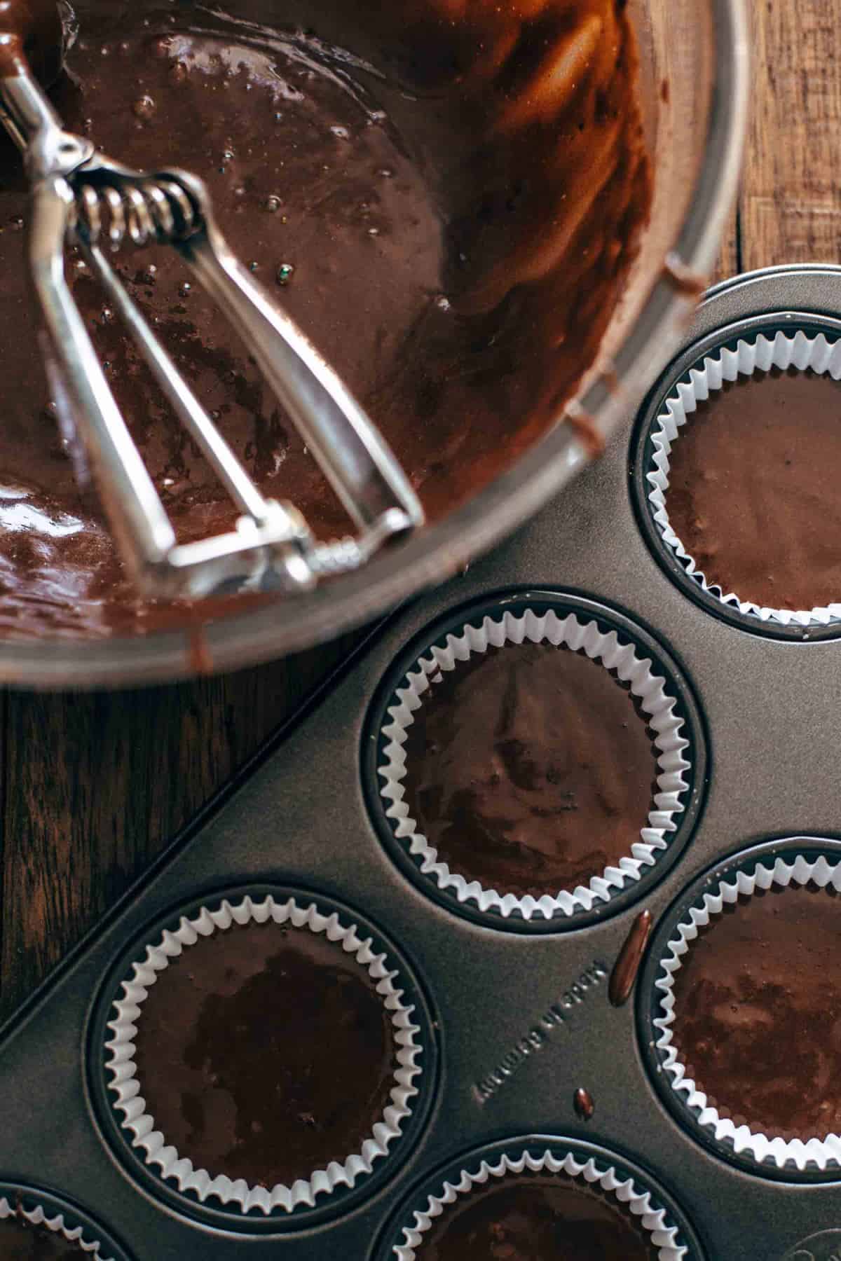 Unbaked cupcakes batter in muffin pan for Dark Chocolate Orange Cupcakes Recipe