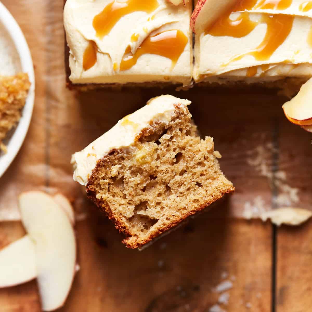 Close up of a slice of apple cake