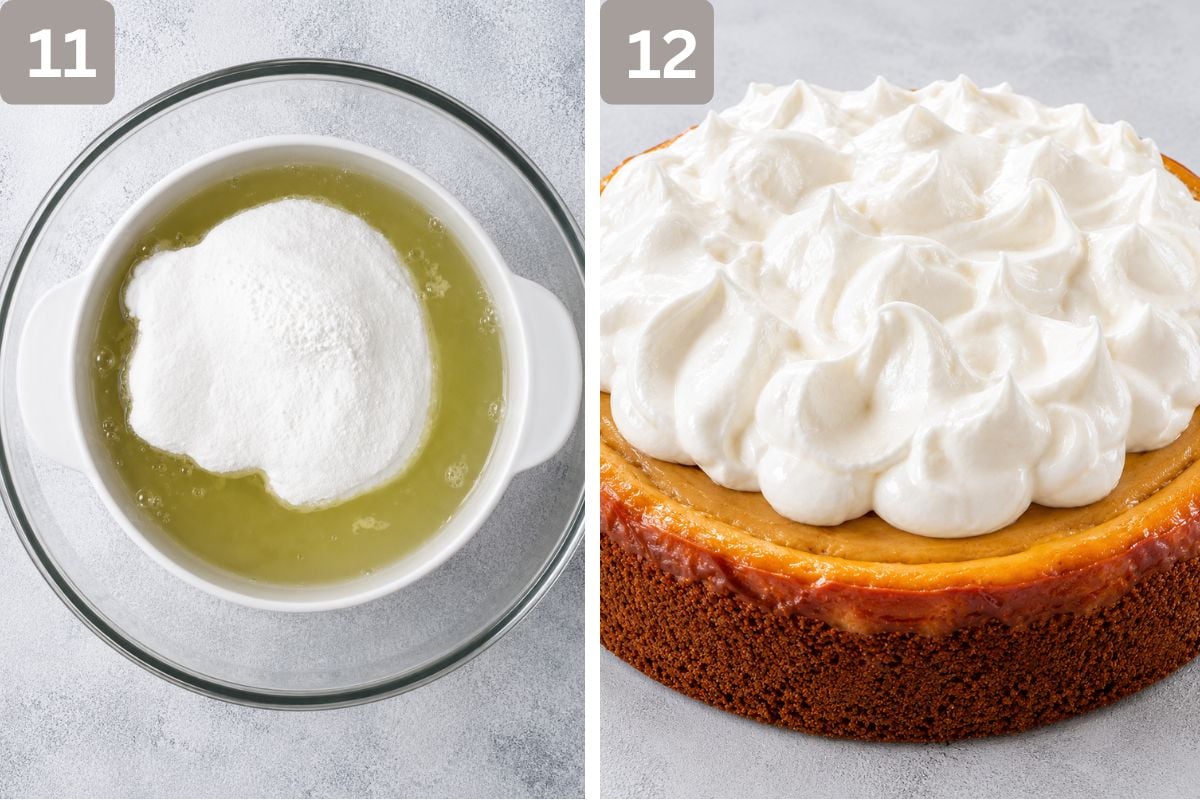 egg whites, sugar, and cream of tartar in a heatproof bowl over simmering water and added to cake once beaten