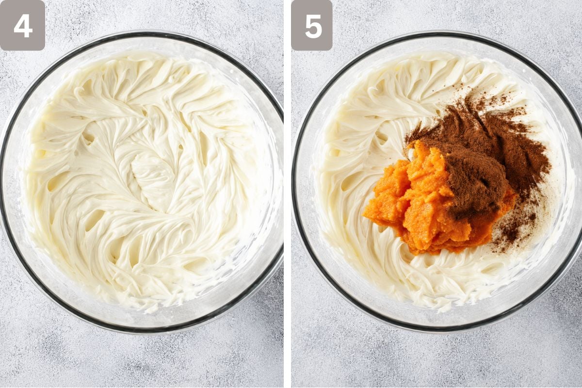cream cheese, sugar, and flour beaten and sweet potato puree, cinnamon, nutmeg, and vanilla mixed in and beaten