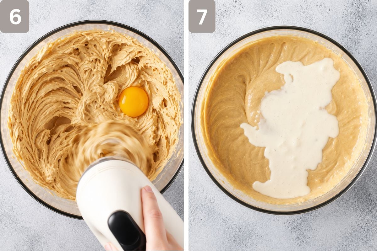 Eggs added one at a time and beaten and heavy cream added