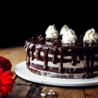 chocolate cake filled with mascarpone frosting topped with ganache and whipped cream