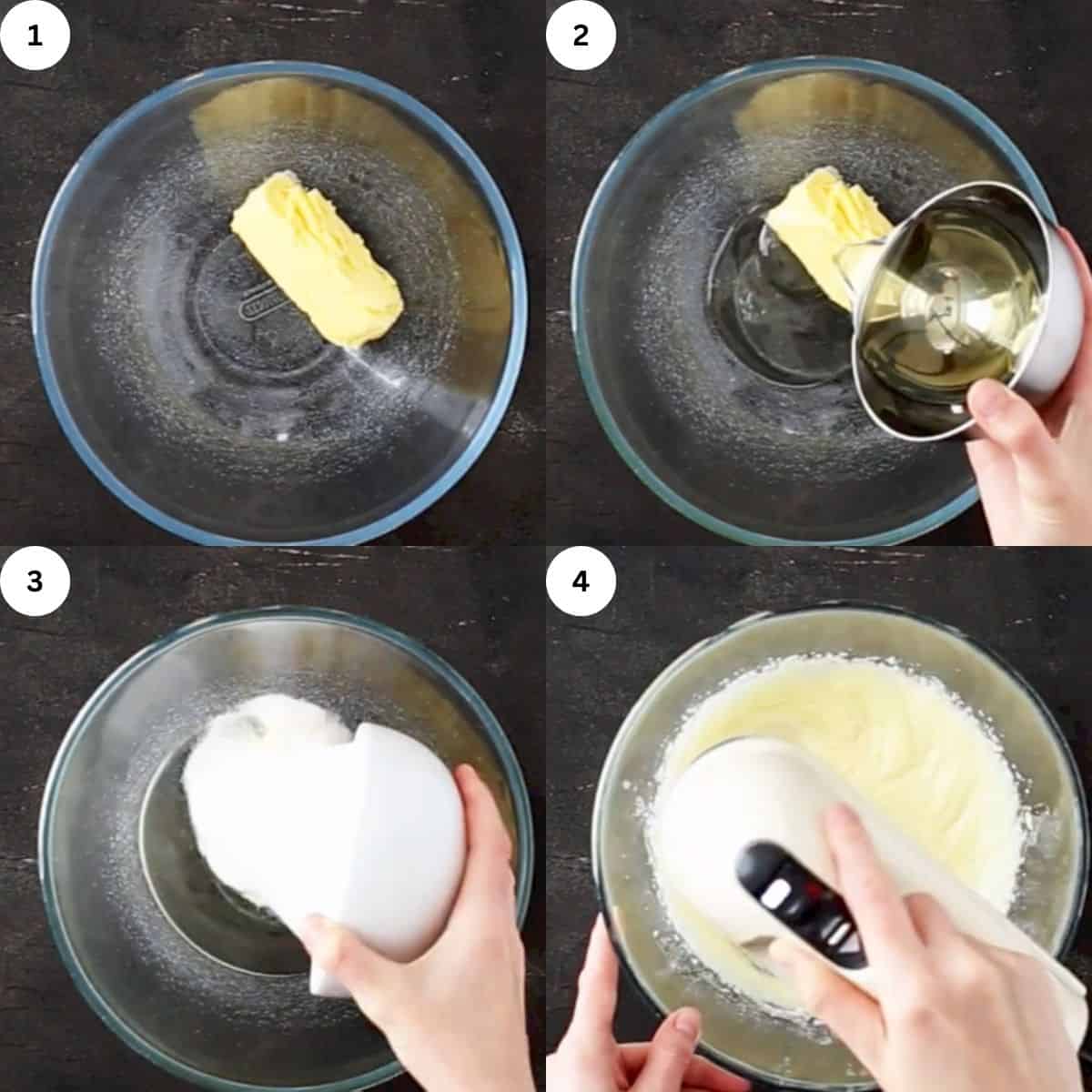 collage of whisking butter, oil, and sugar