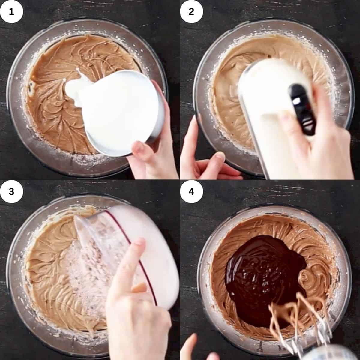 adding milk and cocoa powder to the batter
