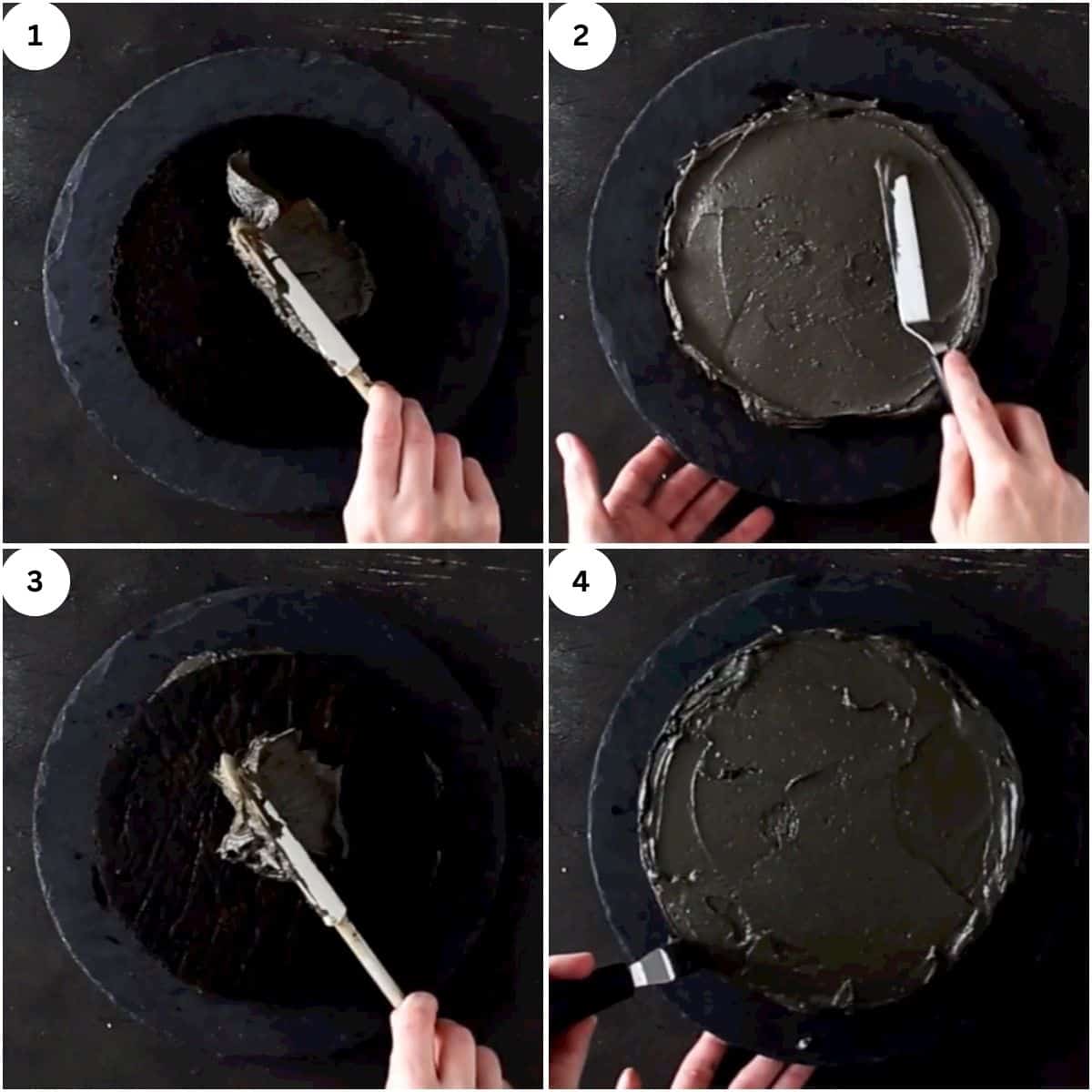 assembling chocolate cake and covering in frosting