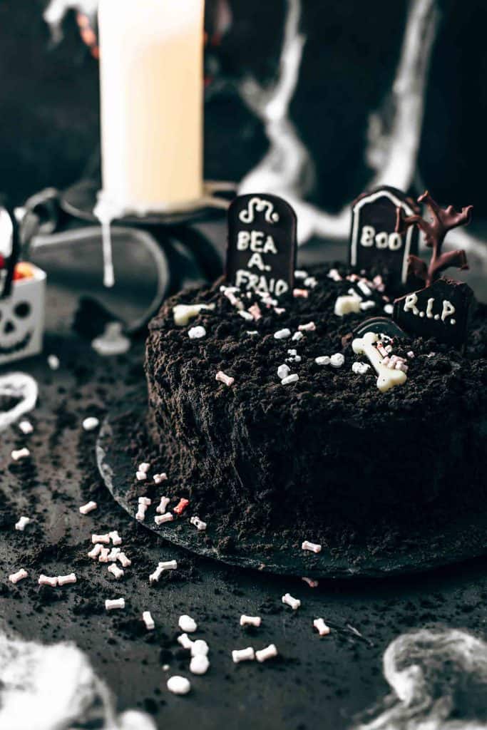Chocolate cake with spooky gravyard halloween decoration