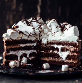 Cut chocolate cake topped with marshmallows and whipped cream