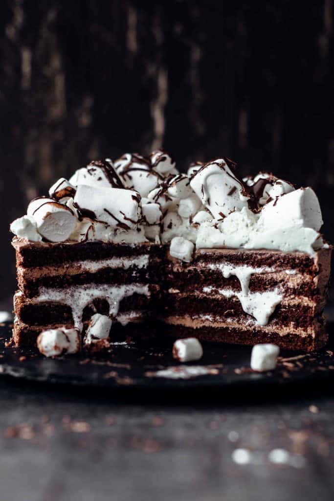 Cut chocolate cake topped with marshmallows and whipped cream