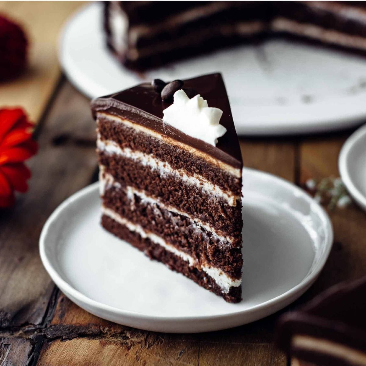 chocolate coffee cake recipe one slice on a white dish
