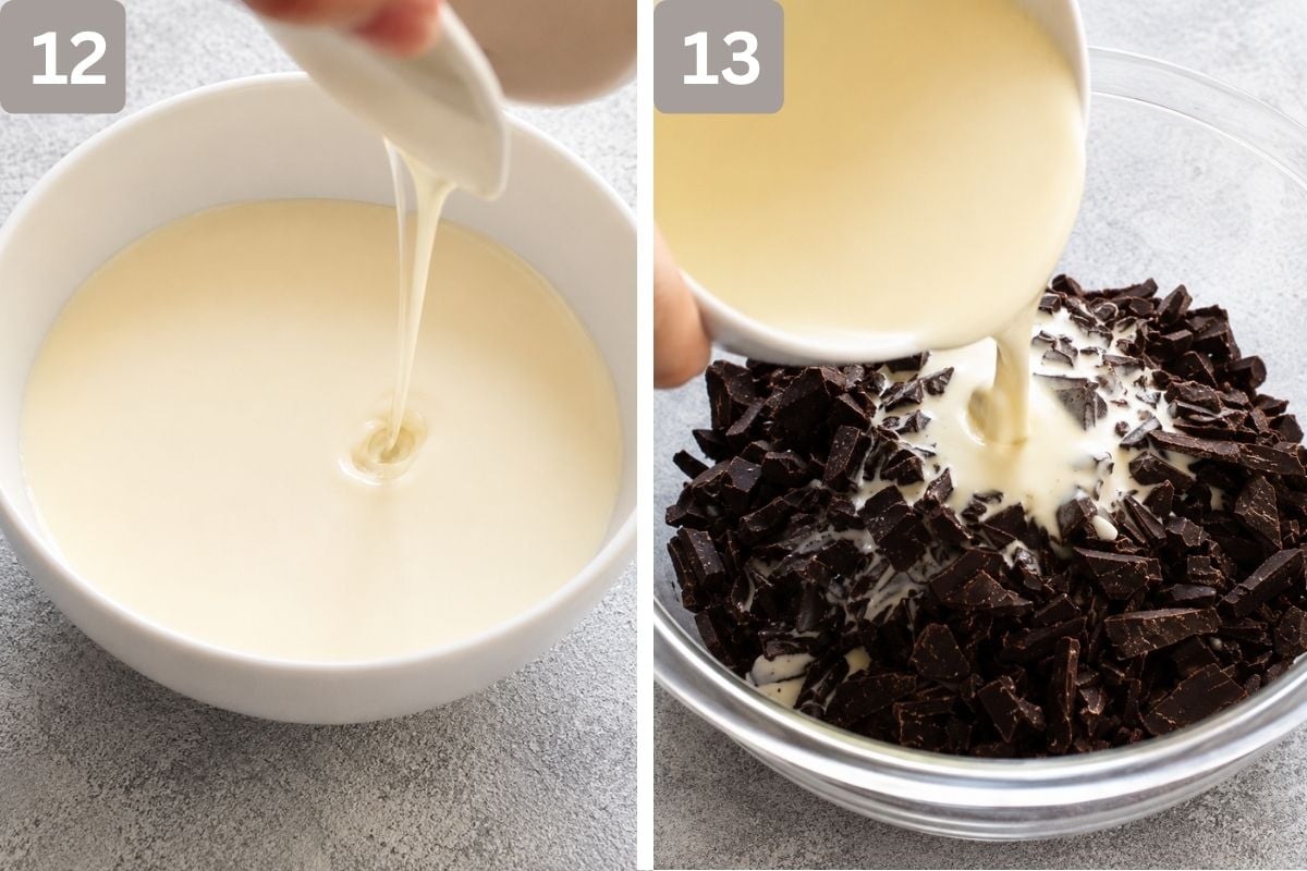 heavy cream and light corn syrup mixed and added to chocolate and mixed till smooth
