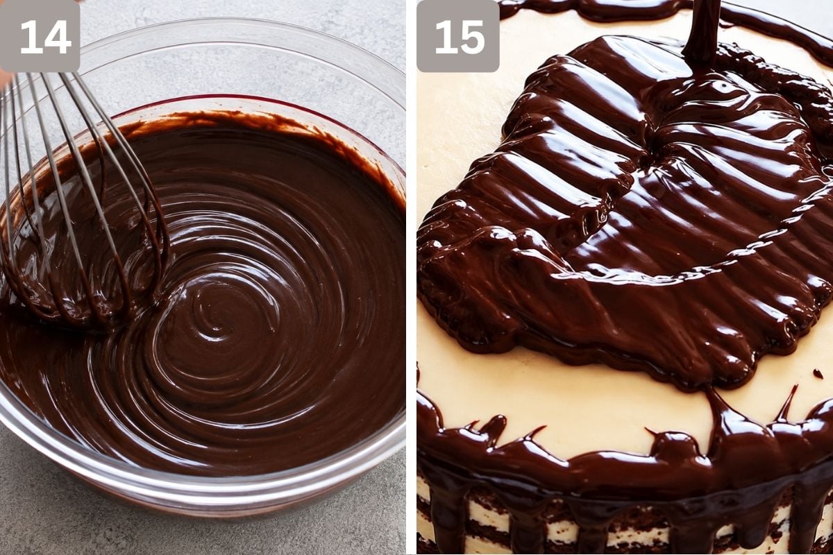 warmed up ganache in a glass bowl and ganache poured over cake